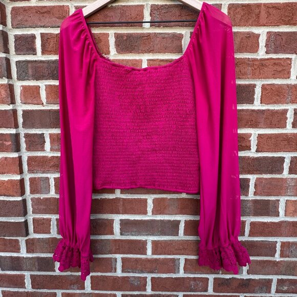 Willow + Root Crochet Cropped Top LG Fuchsia Smocked Sheer Poet Sleeves Romantic - Picture 4 of 10